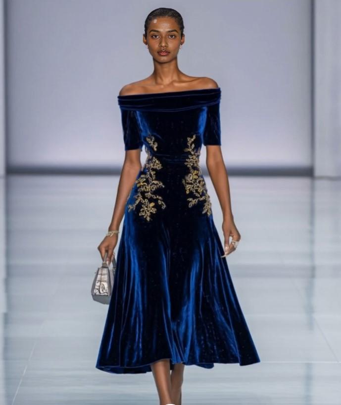 Elegant A-Line Off The Shoulder Half Sleeve Zipper Up Tea-Length Prom Dress